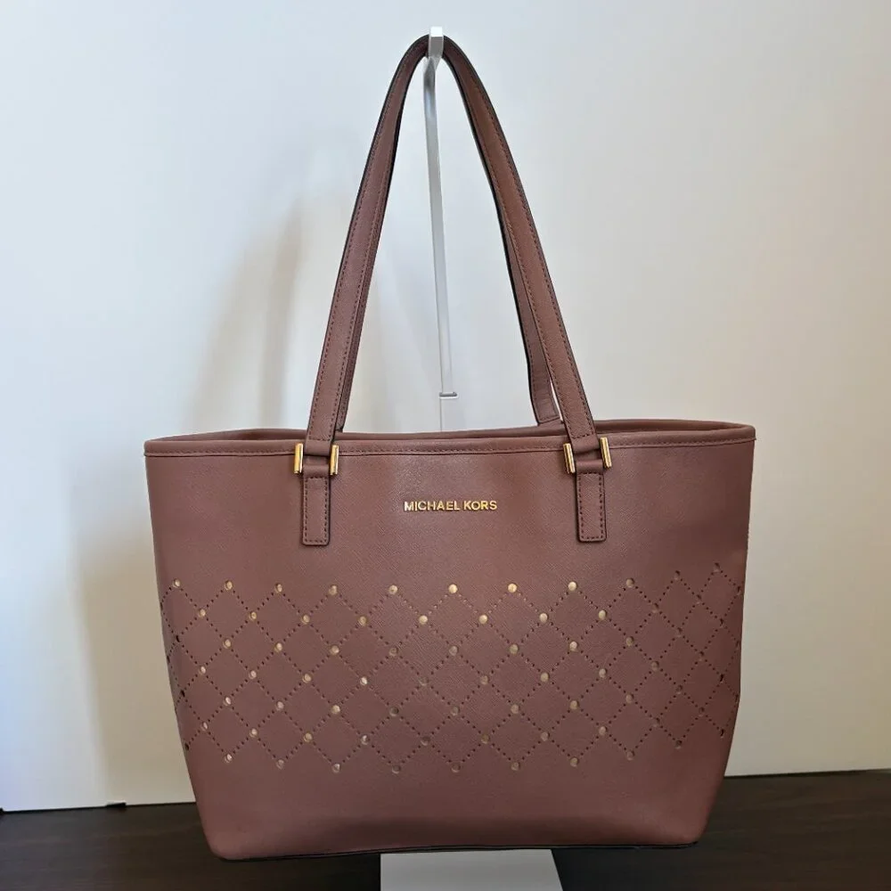 Michael Kors Dusty Rose Perforated Gold Saffiano Leather Corporate Chic Tote